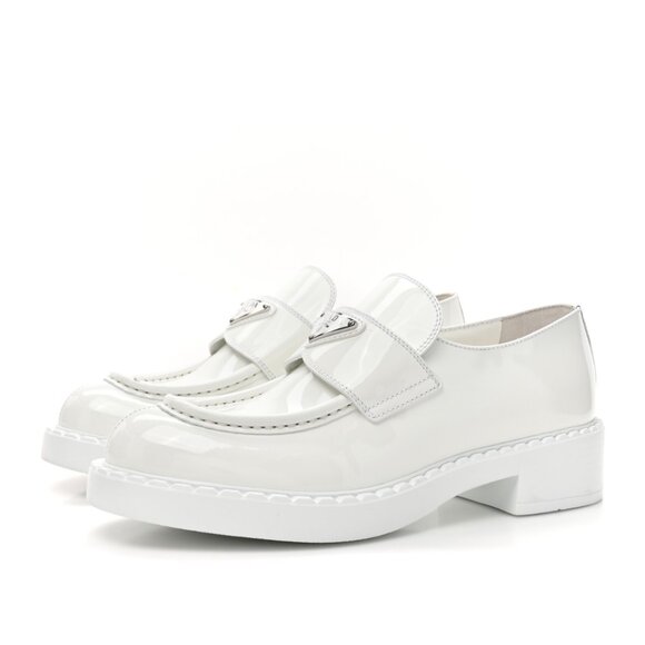 NWT Prada Loafers Vernice White Patent Leather Triangle Logo Chunky Sole - Picture 1 of 11